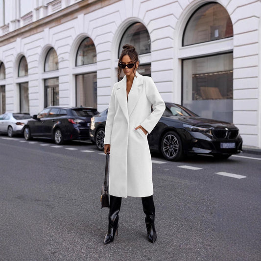 Simple Solid Color Long Sleeve Mid-length Woolen Coat